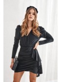 Rochie din velur cu volane si drapaj, neagra 7524 - Magazin online - Boutique